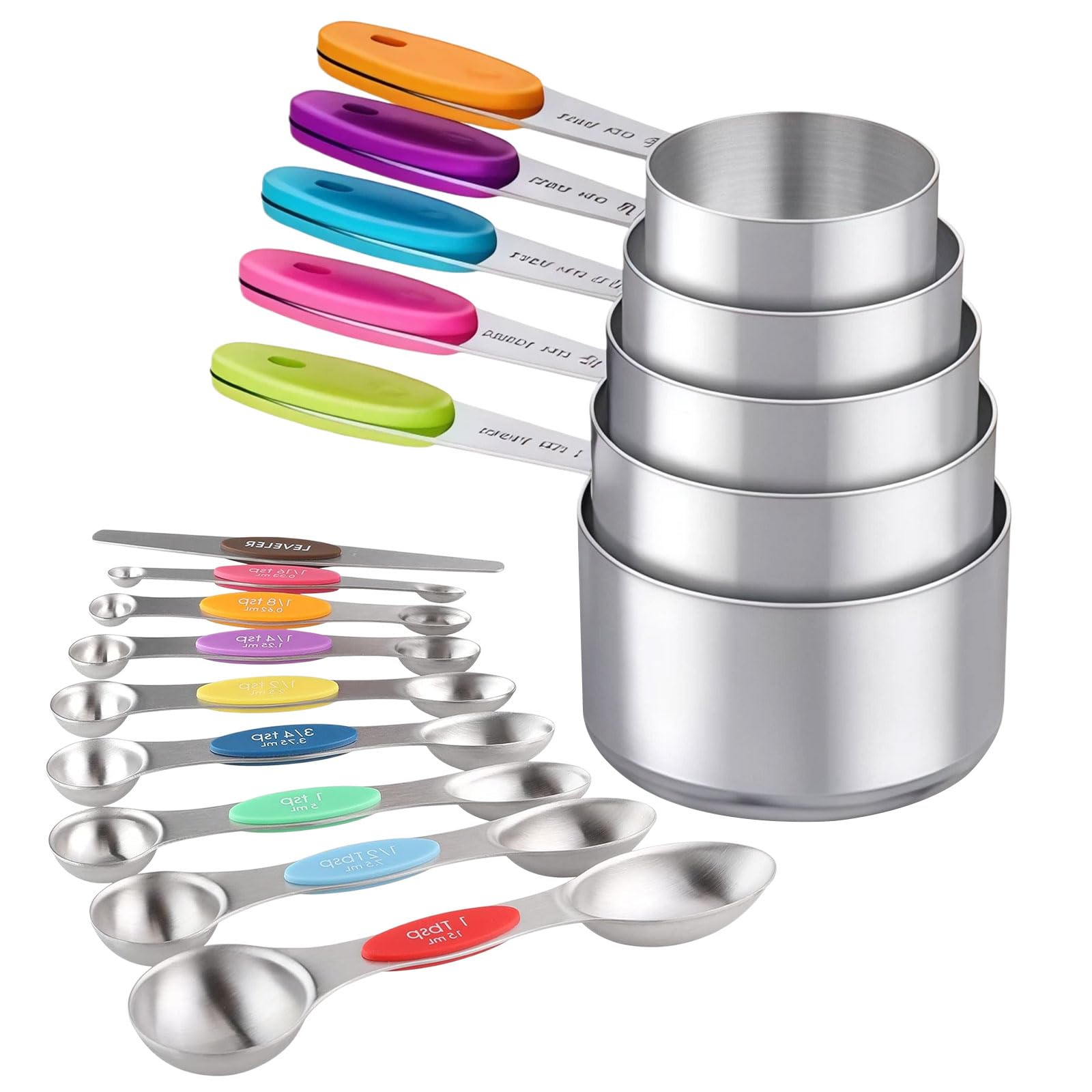 13Pcs Magnetic Measuring Cups Spoons Set, 5 Heavy Duty Cups,7 Double Sided Spoons, 1 Leveler, Stainless Steel Fits in Spice Jars, Dishwasher Safe, Nesting Kitchen Gadgets for Cooking Baking