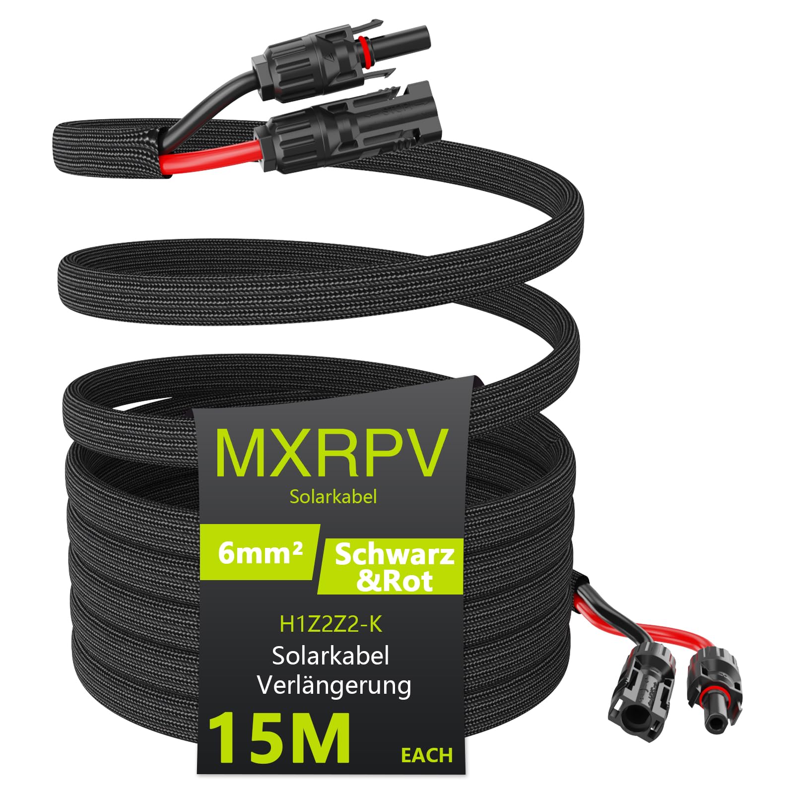 Solarkabel 6mm²,solarverlängerungskabel 3/5/10/15 m,PV Kabel 6mm²,IP68 Wasserdichtem,Photovoltaik Solarkabel mit Mantel,Verlängerungskabel für Solarpanel(15m)