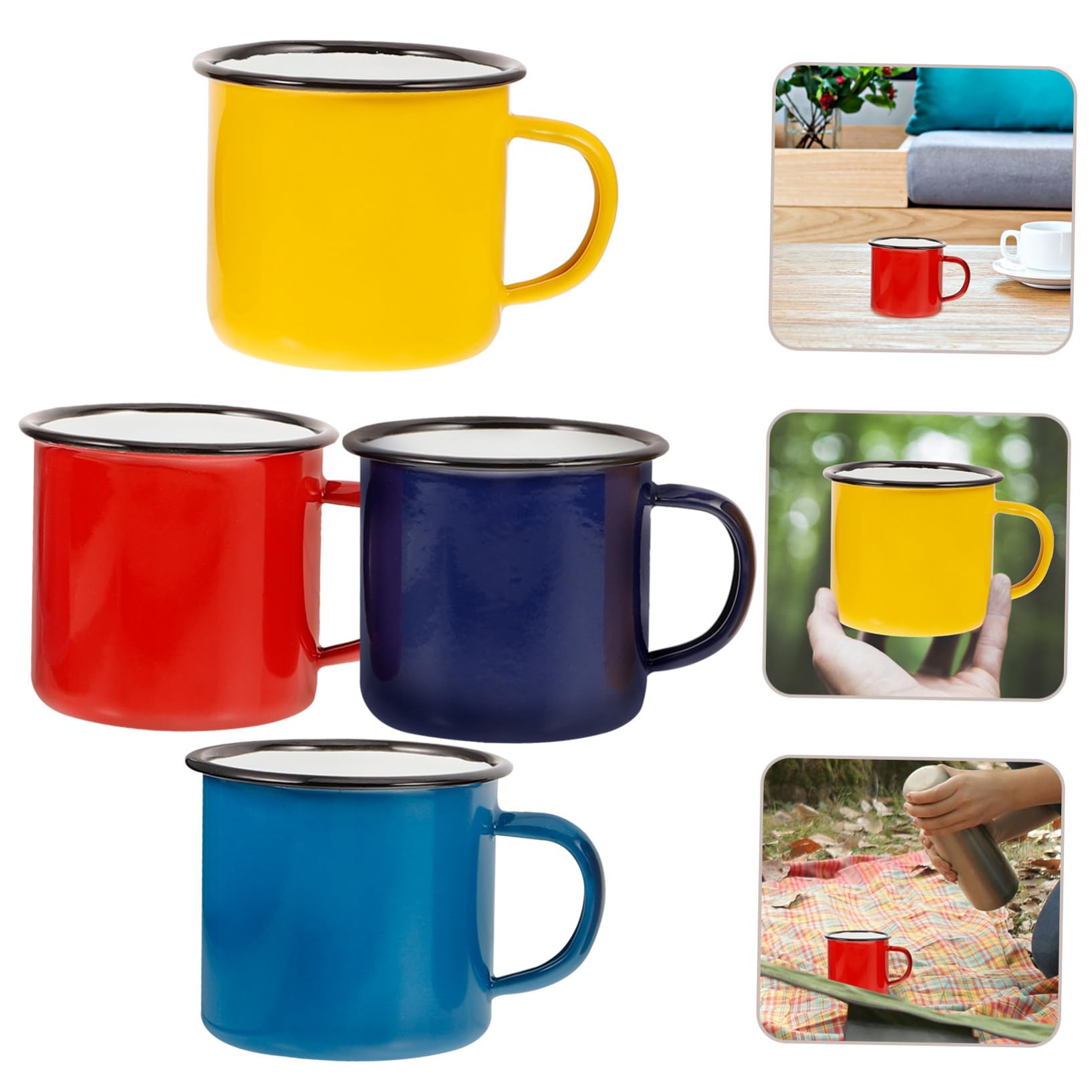4 Stück Teiliges Vintage Emaille Tassen Retro Campingbecher mit Robuster Leicht zu Reinigender Oberfläche in Rot Gelb Grün und Blau für Kaffee Tee Milch und Outdoor Gebrauch