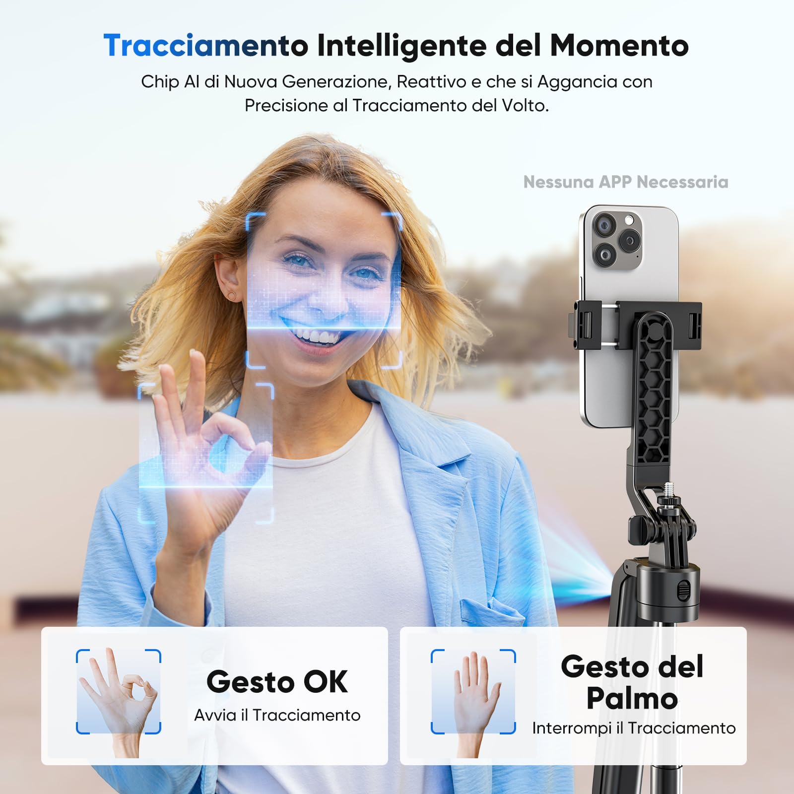 Jeebel Treppiede a Tracciamento Automatico del Volto - 180cm Bastone Selfie con Luci LED/Controllo Gesti/No App/Ruotabile 360° - Stabilizzatore Gimbal per Telefono Action-Cam DSLR Video Live Vlog
