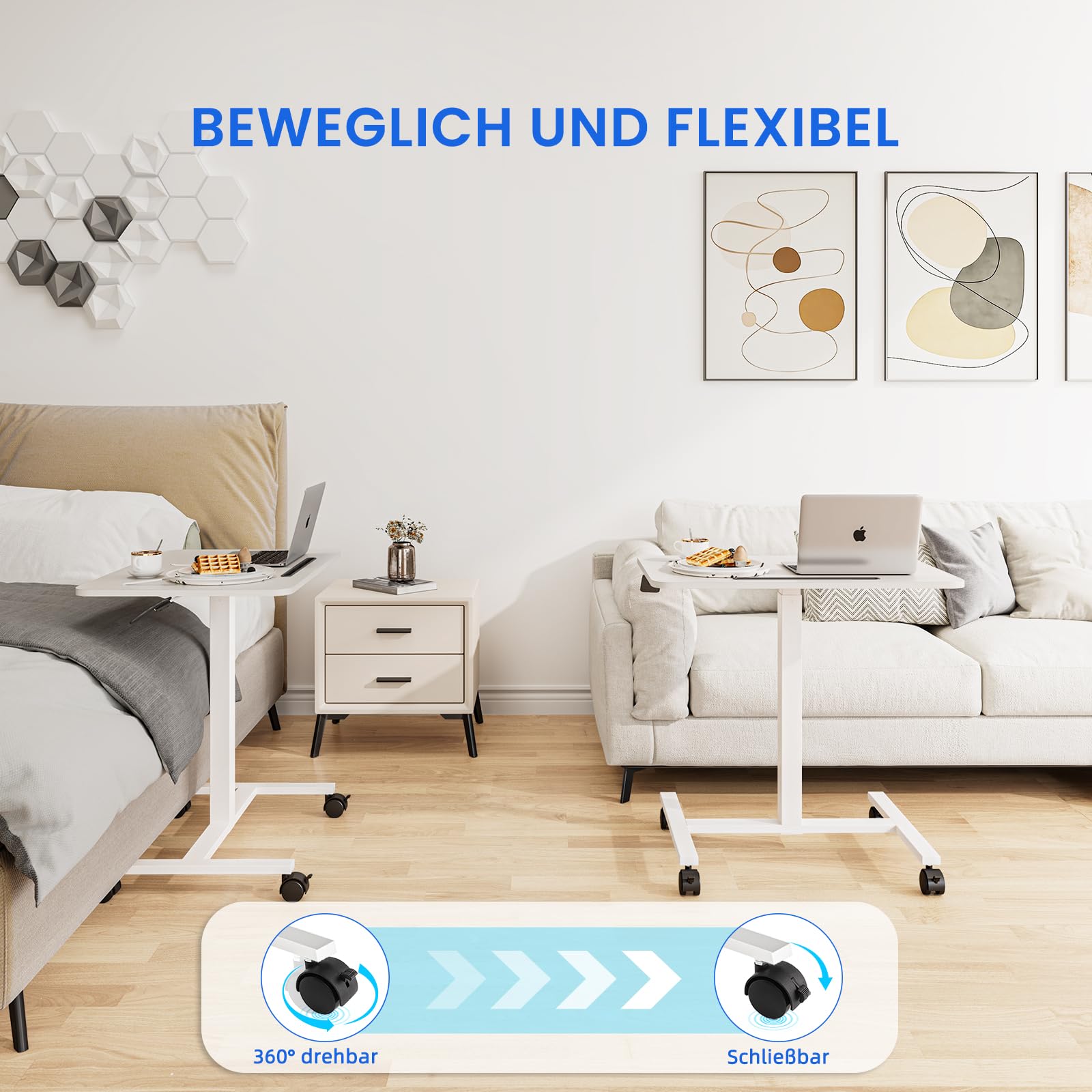 Dripex Computertisch höhenverstellbar mit Rollen, Nut für Tablet oder Handy, Steh-Sitz PC Tisch, Schreibtisch klein, mobiler Stehpult, pflegetisch, beistelltisch, weiß