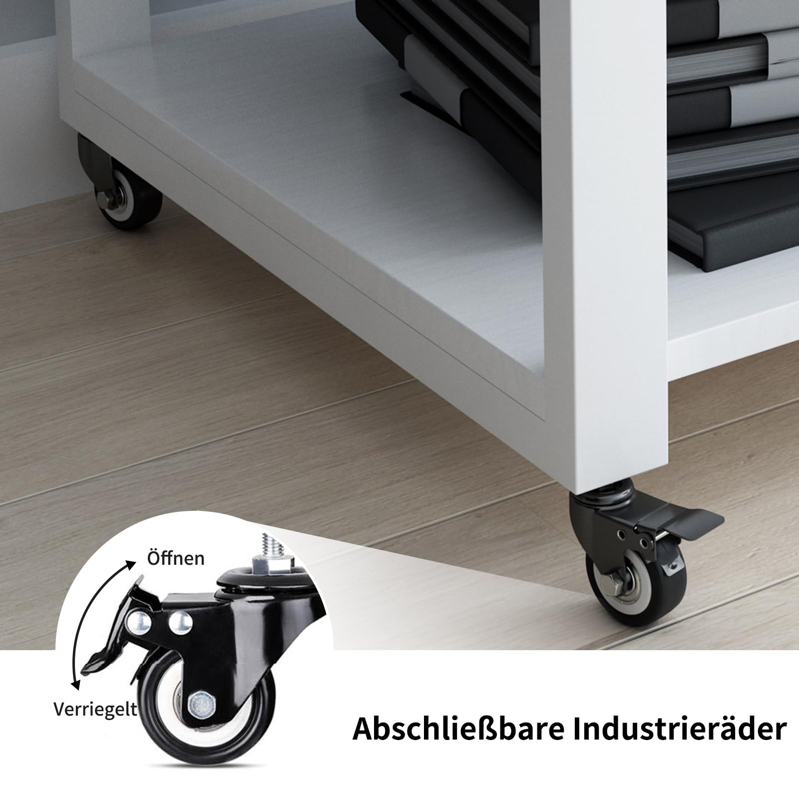 PUNCIA 2-Ebenen Druckertisch mit Rollen 50 x 50 x 30 cm Druckerständer | Druckerwagen mobiles Aufbewahrungsregal aus Holz & Metall bis zu 70 kg belastbar für Büro Zuhause Office Schule Weiß