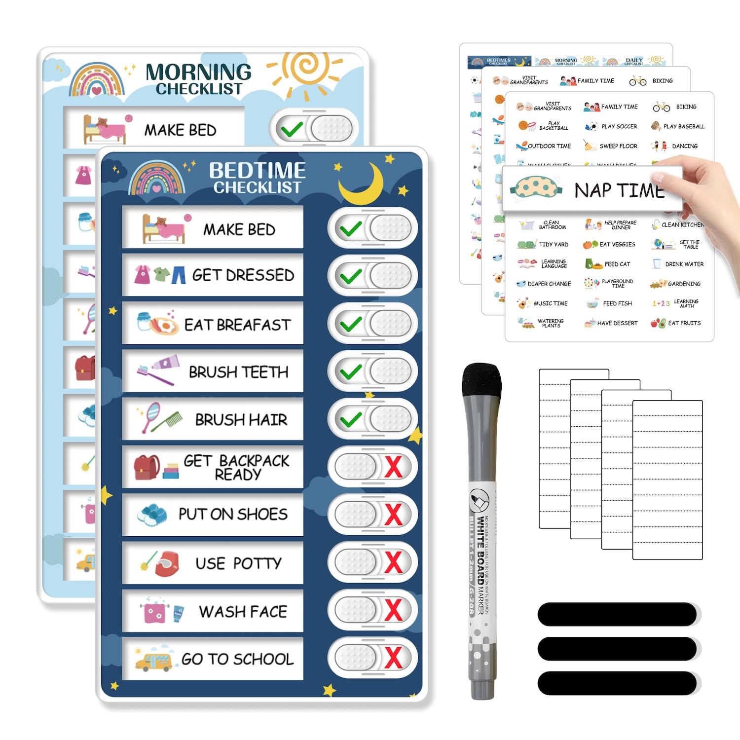 2 in 1 Bedtime/Morning Routine Chart for Kids Toddlers, Magnetic Chore Chart for Kids, Cute Visual Schedule for Kids Schedule Board for Home, Kids Checklist to Do List ADHD Tools for Kids