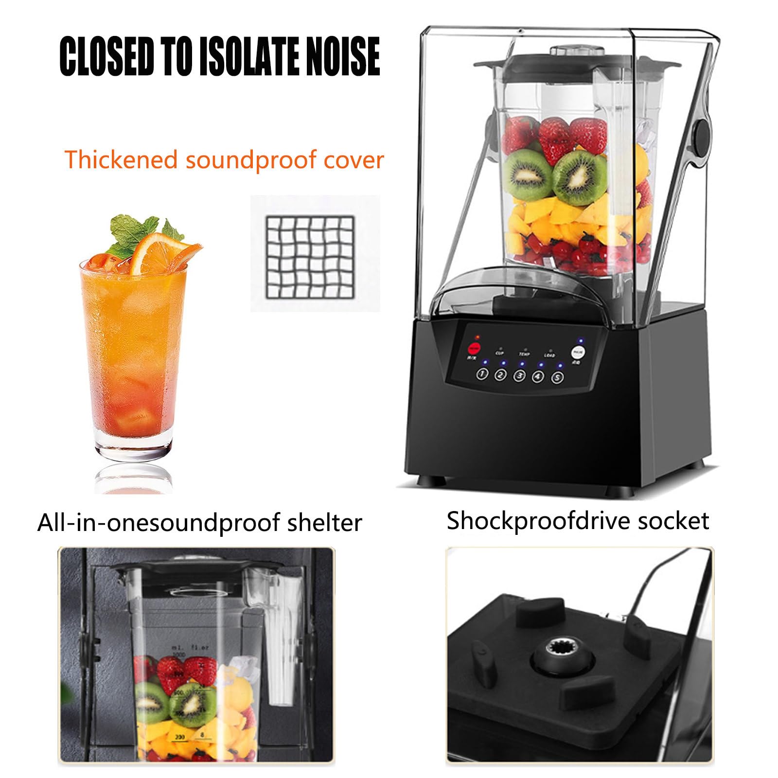 JJENXYYDS Broken Wall Cooking Machine,8mm Thick Noise Reduction 2200W 2L Blender and Smoothie Maker Silent 17000rpm,Intelligent 5-Speed Touch Control,for Shakes,Smoothies