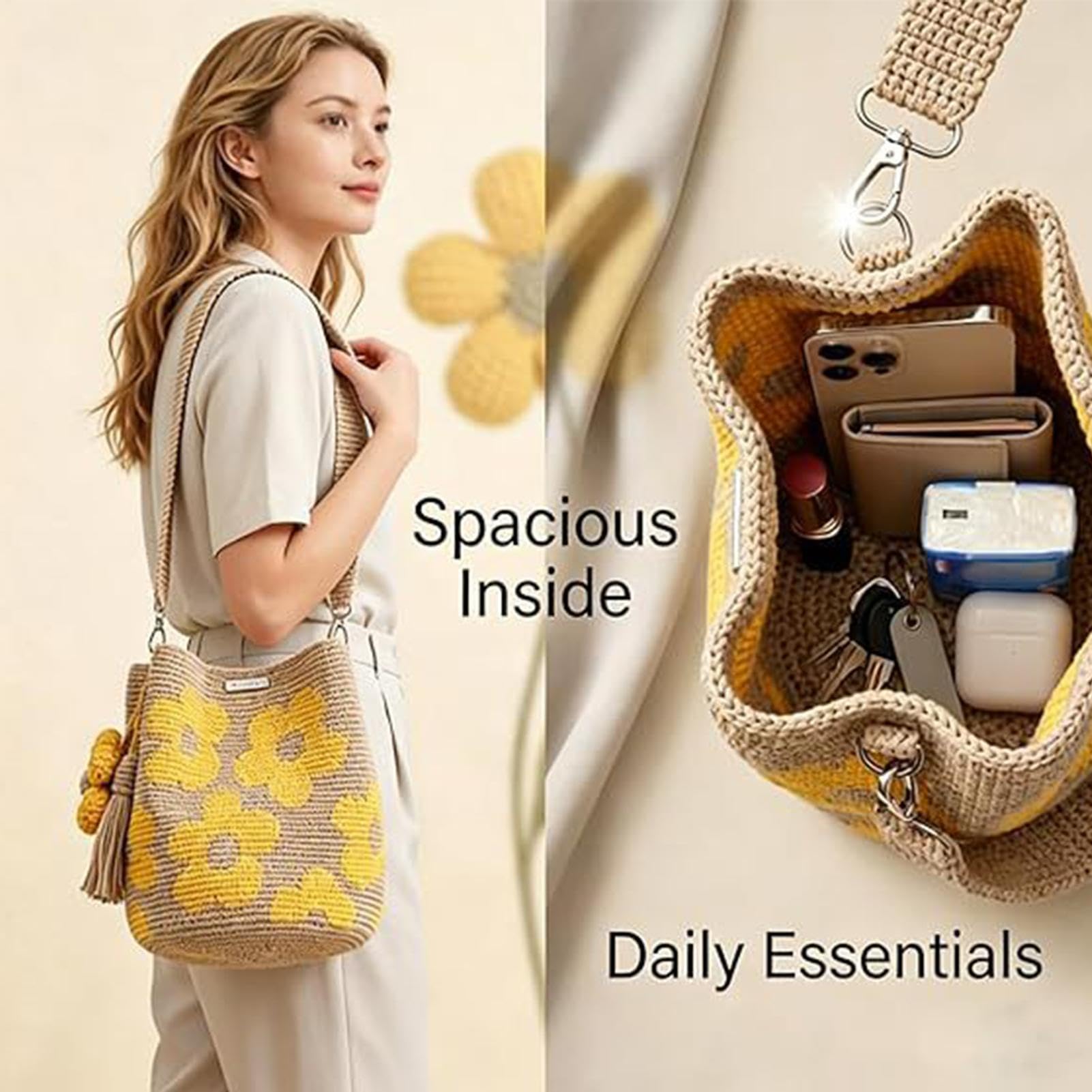 Borse all'uncinetto donna | Borsa all'uncinetto | Borsa tote con fiori fatti a mano all'uncinettos | Borse in tessuto | Borses spiaggia con nappe floreali Boho realizzate a mano per vacanze estive