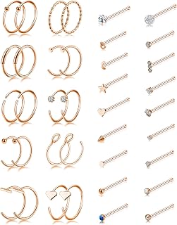 Tornito 20G 38Pcs Stainless Steel L Bone Screw Shaped Nose Studs Nose Rings CZ Hoop Tragus Cartilage Nose Ring Labret Nose Piercing Jewelry for Men Women Rose Gold Tone