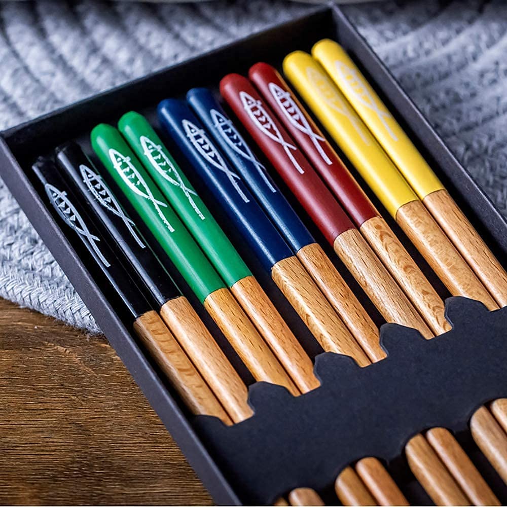 Palillos Chinos Reutilizables japoneses Palillos de Metal Juego de 5 Pares de Palillos de Sushi, Palillos Chinos de Madera Natural japoneses Reutilizables portátiles para Cocina Va