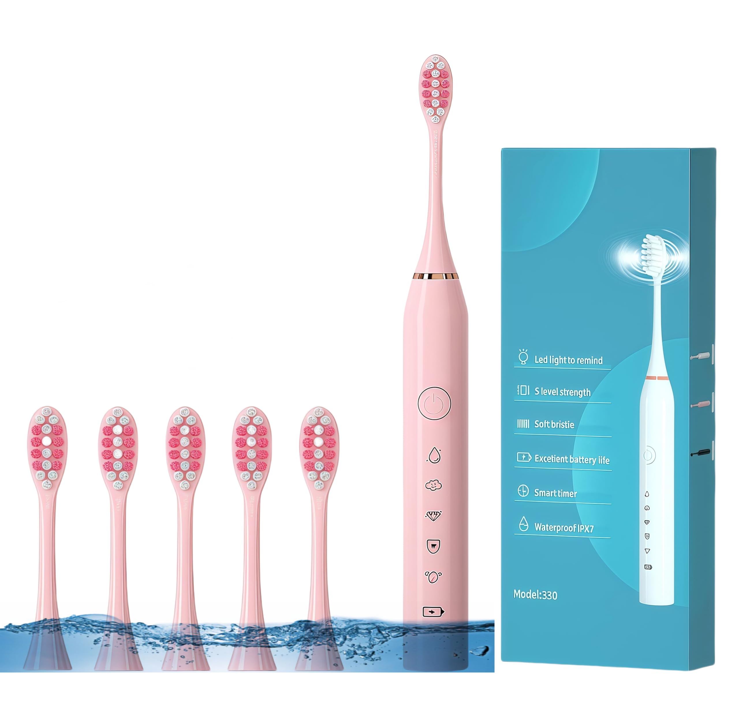 Sonic Toothbrush, Electric Toothbrush for Adults and Teens, Travel Style, Easy to Carry, 5 Brush Heads, 5 Modes, 2 Minute Smart Timer, IPX7 Waterproof. Pink