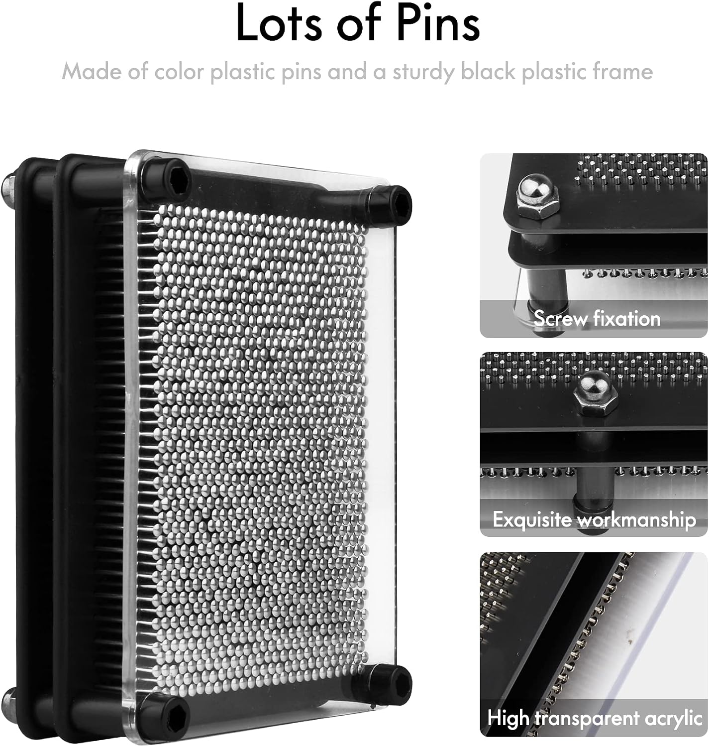 3D Pin Art Toy, Size 3.75” X 5” Unique Metal 3D Pin Art Board Impression Toy for Kids (Silver, Metal)