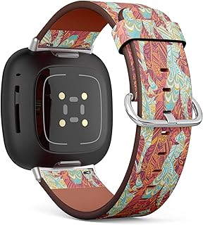 CJBROES Replacement Leather Watch Band, Compatible with Fitbit Versa 3 and Fitbit Sense of Wristband Bracelet Accessory - Rustic Ethnic Feathers Leaves