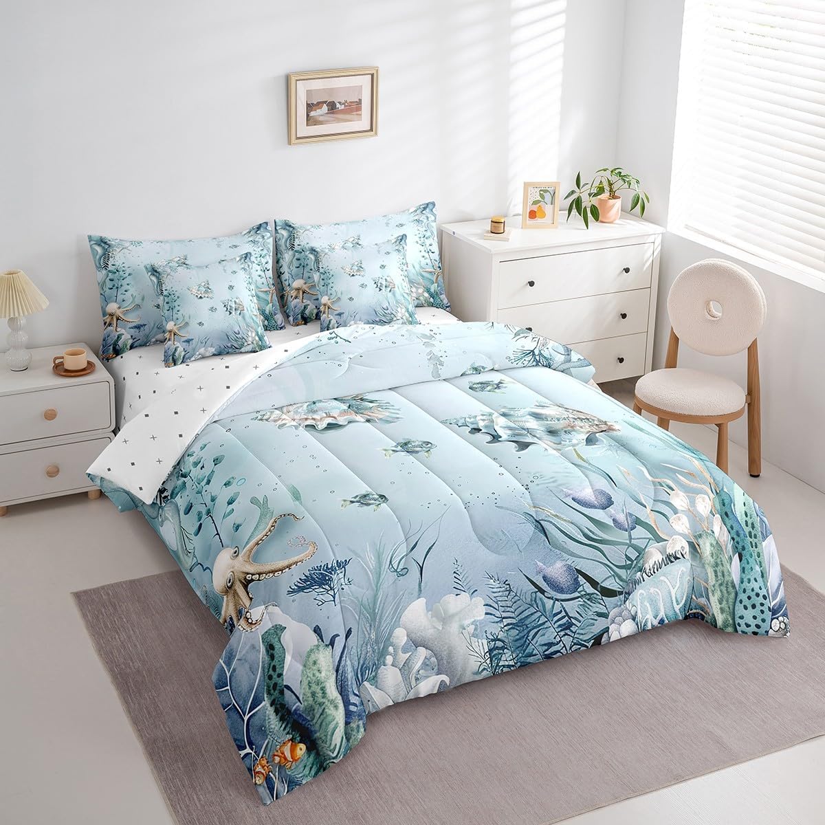 Conch Bed in a Bag King Size Comforter Set 7 Pieces,Teal Blue Ocean Beach Coastal Bedding Set Starfish Octopus Tentacles Sheet Sets with Comforter Creature Coral Bed Set,Kawaii Fish Room Decor