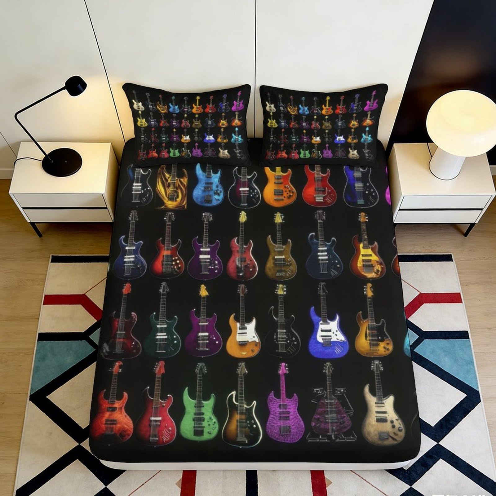 Uxinyoume Style-5 3D Printed Colourful Guitar Fitted Sheet Microfiber Soft Breathable Musical Pattern Bed Cover For Bedroom Dorm Decor 90X200x25cm
