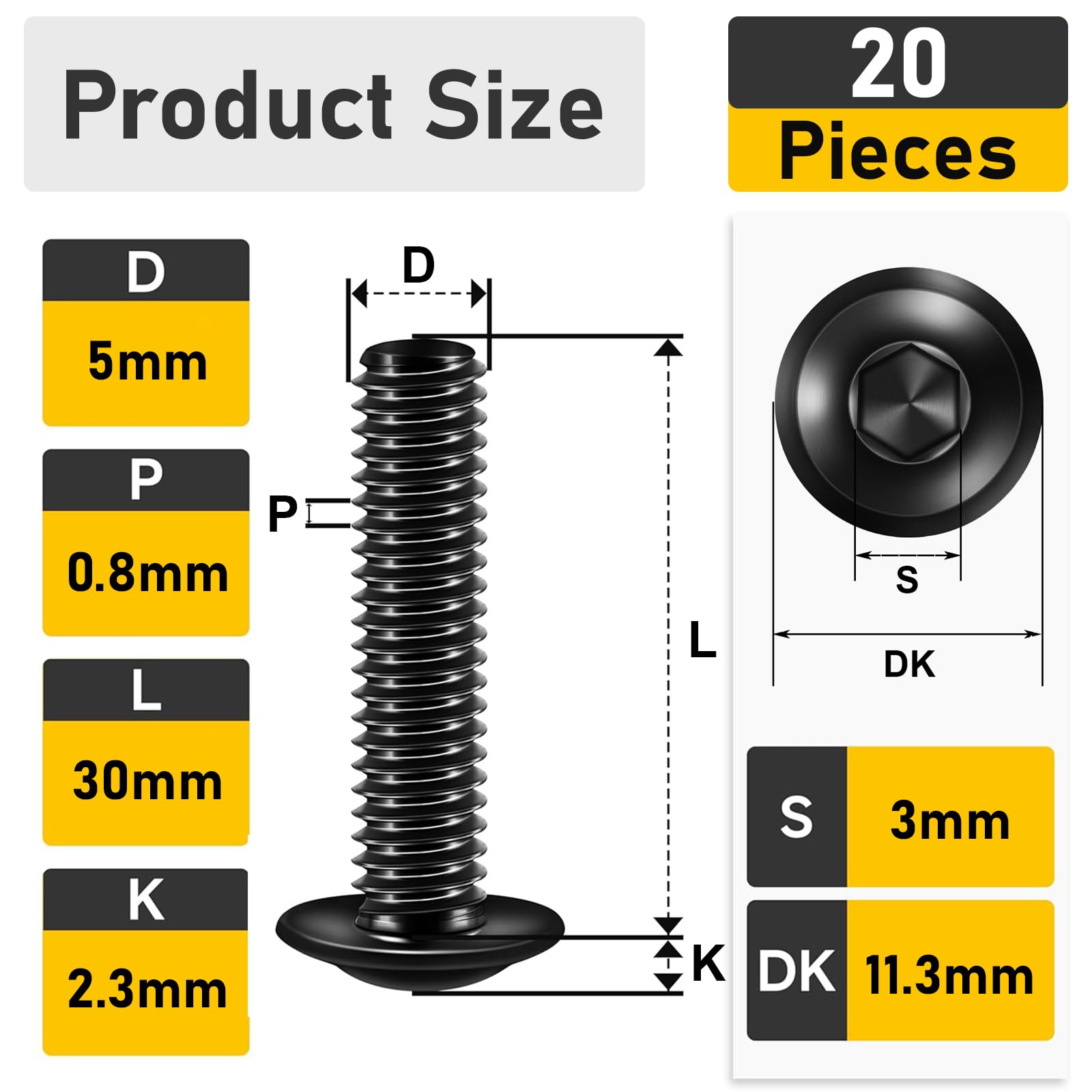 Valorada M5 Bolts, M5 x 30mm Flanged Button Head Screws Allen Socket Bolts Stainless Steel 304 Black Finish with Hex Spanner Pack of 20 - Image 2