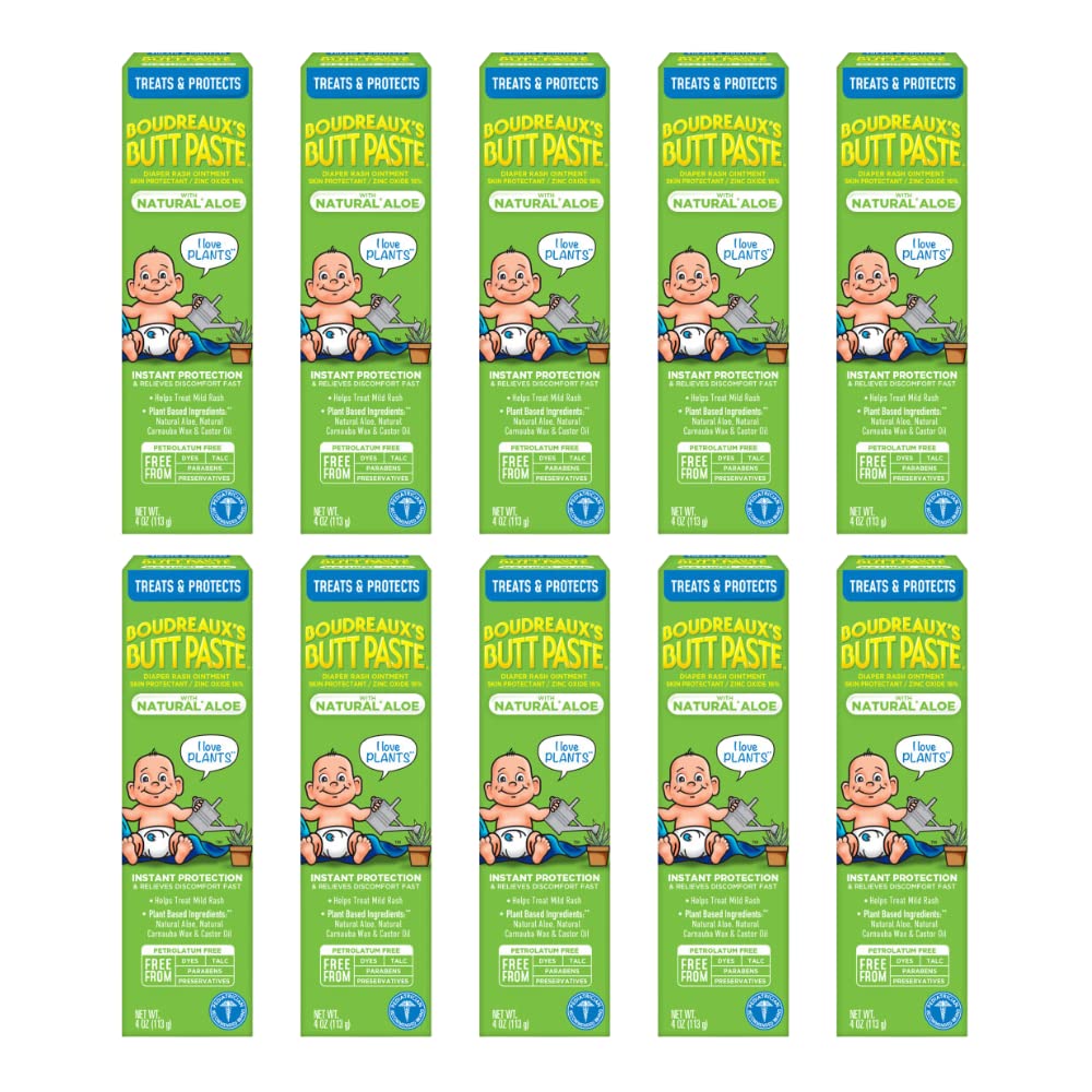 Boudreaux's Butt Paste with Natural Aloe Diaper Rash Cream, Ointment for Baby, 4 oz. Tube, (Pack of 10)