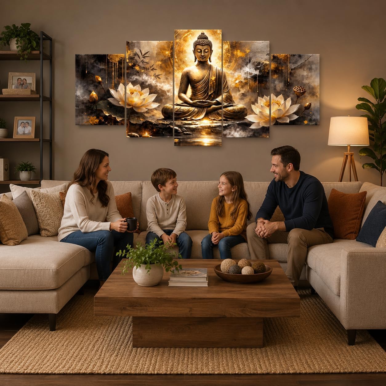 5 Panel Framed Canvas Wall Art Five Piece Golden Buddha Lotus Aura Painting Modern Wall Decor for Living Room Bedroom Office Home Interior Decoration Radiant Spiritual Zen Artwork
