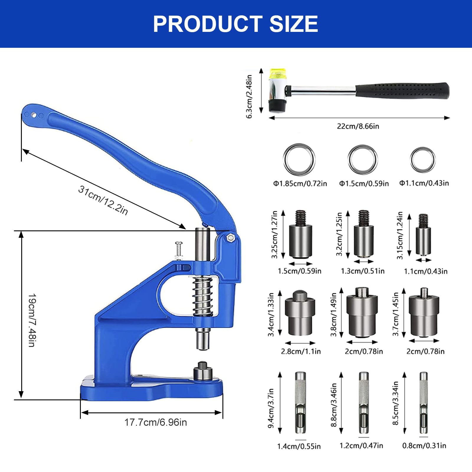 Topsky Set pressa manuale multifunzione con martello: 3 set di timbri e 1500 occhielli (6/10/12 mm) inclusi: perfetto per occhielli, bottoni a pressione e altro ancora: la soluzione di strumenti