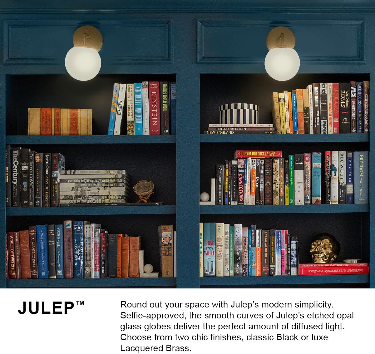 Lark Julep Three-Light Bath Vanity Fixture, Art Deco Globes, Modern Style, Lacquered Brass