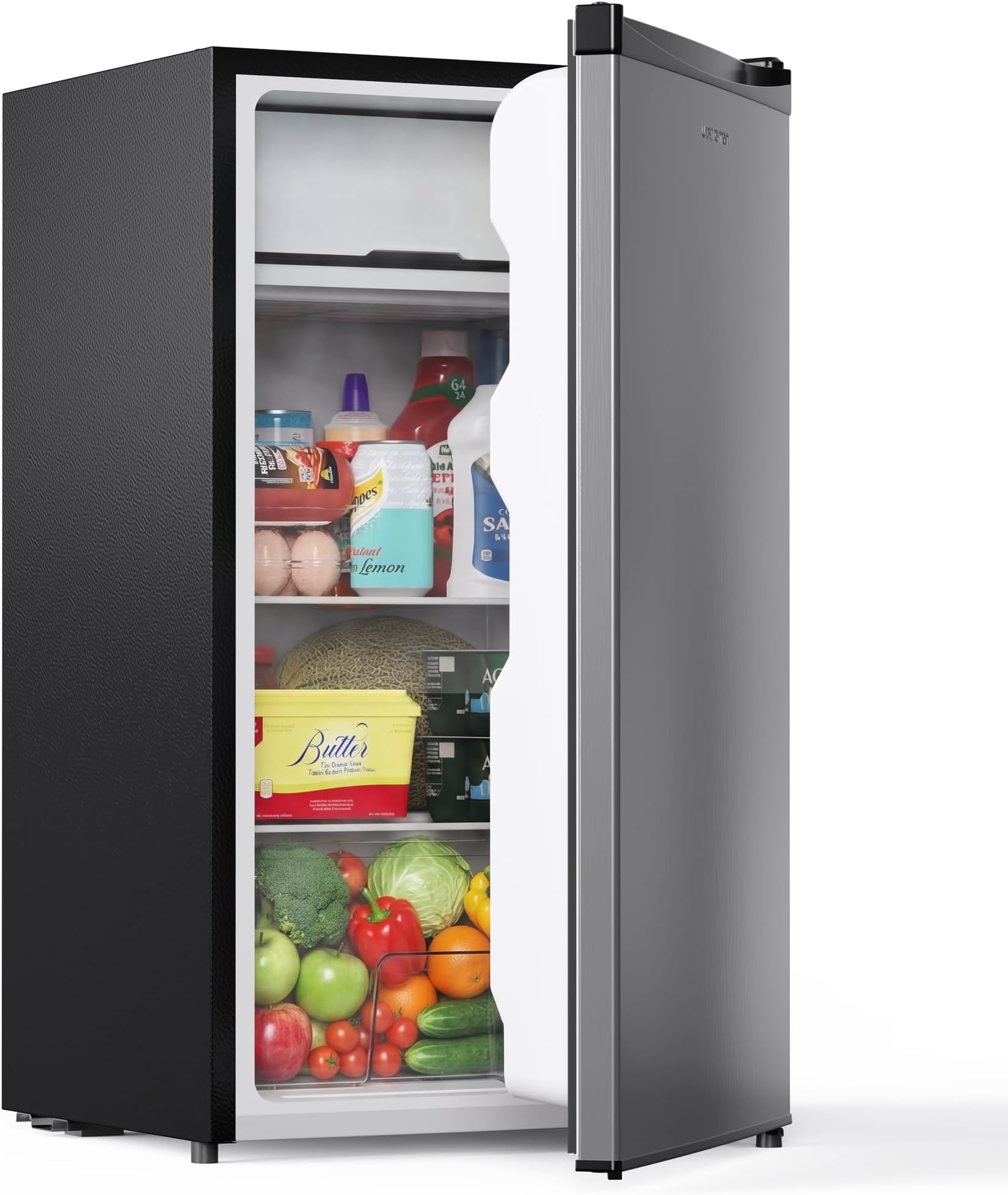 3.2 Cu.Ft Mini Fridge with Freezer, Single Door Compact Refrigerator, Adjustable Thermostat, Small Refrigerator for Dorm, Bedroom, Office, Stainless Steel-SR321