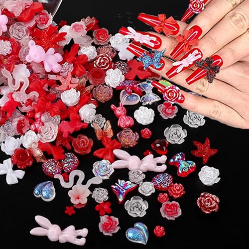 Miniatura 7 de 110 dijes para uñas 3D, dijes de resina con diseño de oso de mariposa, lazo de flor de rosa, conejo, perlas de diamantes de imitación para arte de