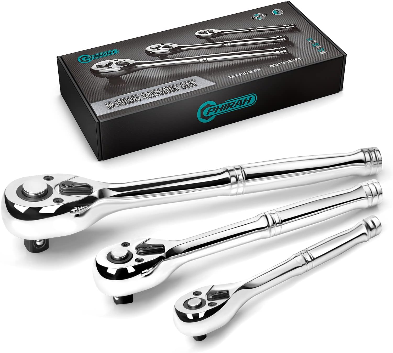 3-Piece Ratchet Set, 1/4", 3/8", 1/2" Drive Ratchet Wrench, 72-Tooth Quick-Release Reversible Socket Wrench,CR-V Handle,Teardrop Head,EVA Storage