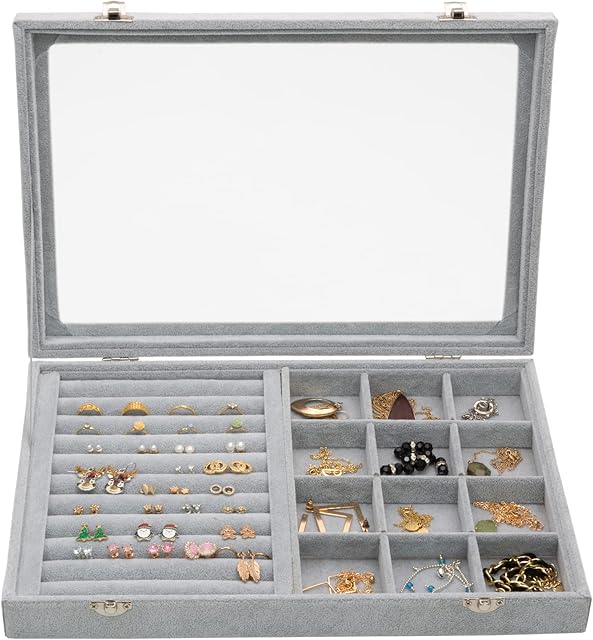 Sasha Morel Jewellery Box | Soft Ice Velvet Display Case | Lockable Storage Box with Clear Lid | Display Tray for Ring, Earring, Necklace, Watch, Organiser Storage (Ring Mix 12 Grid)