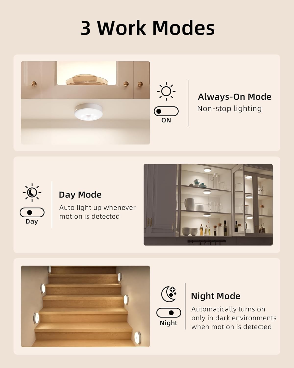 6 Pack White EZVALO 6-Pack Under Cabinet Lighting, Rechargeable Motion Sensor Puck Lights with Remote, 3 Color Temps &12 RGB Colors, Magnetic Stick on Light, Dimmable Under Counter Lights for Kitchen, Shelf, Stair