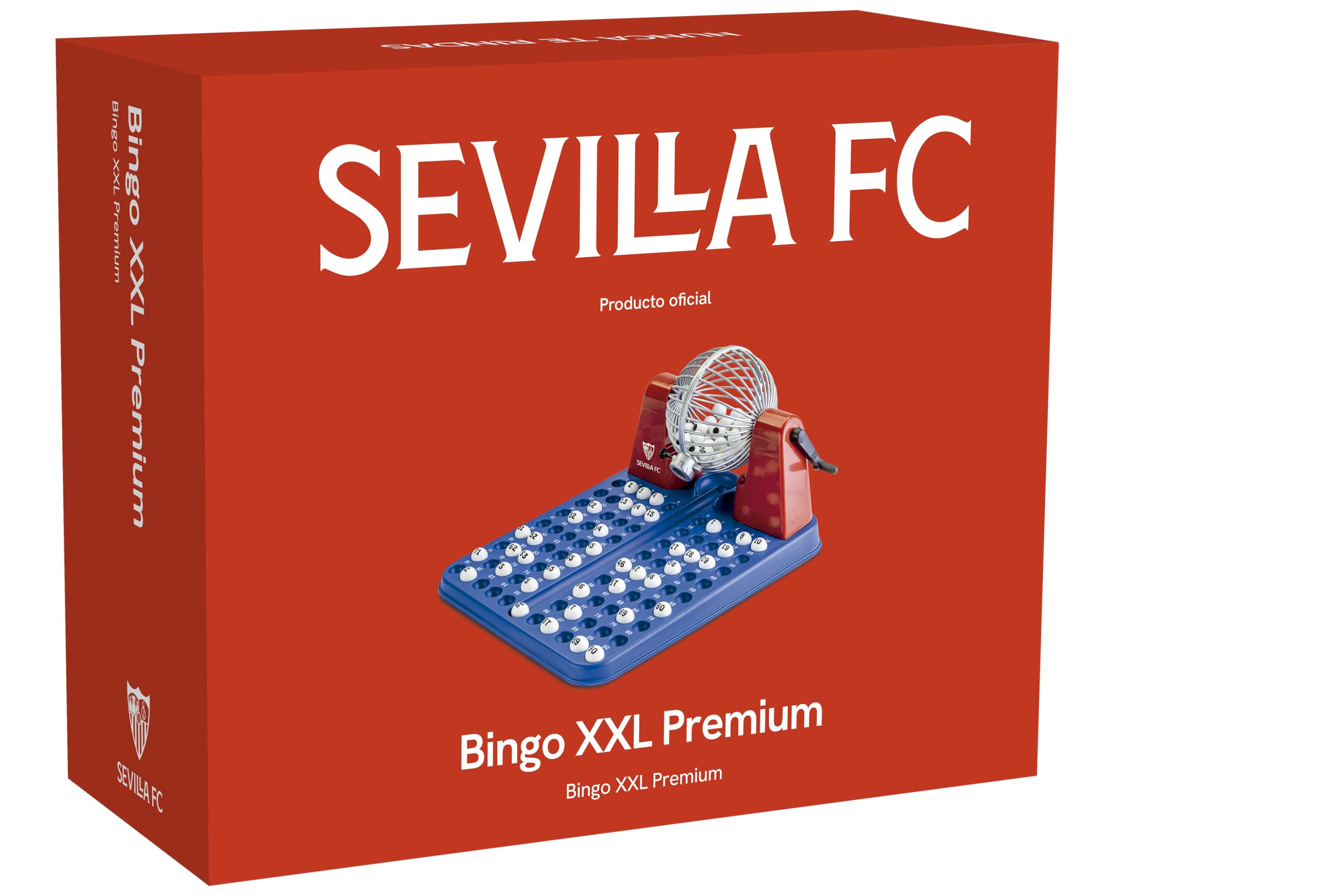 Falomir Bingo XXL Sevilla CF Premium mit automatischer Trommel und unheimlichen Bällen, ab 8 Jahren, Spaß für die ganze Familie, 48 Karten