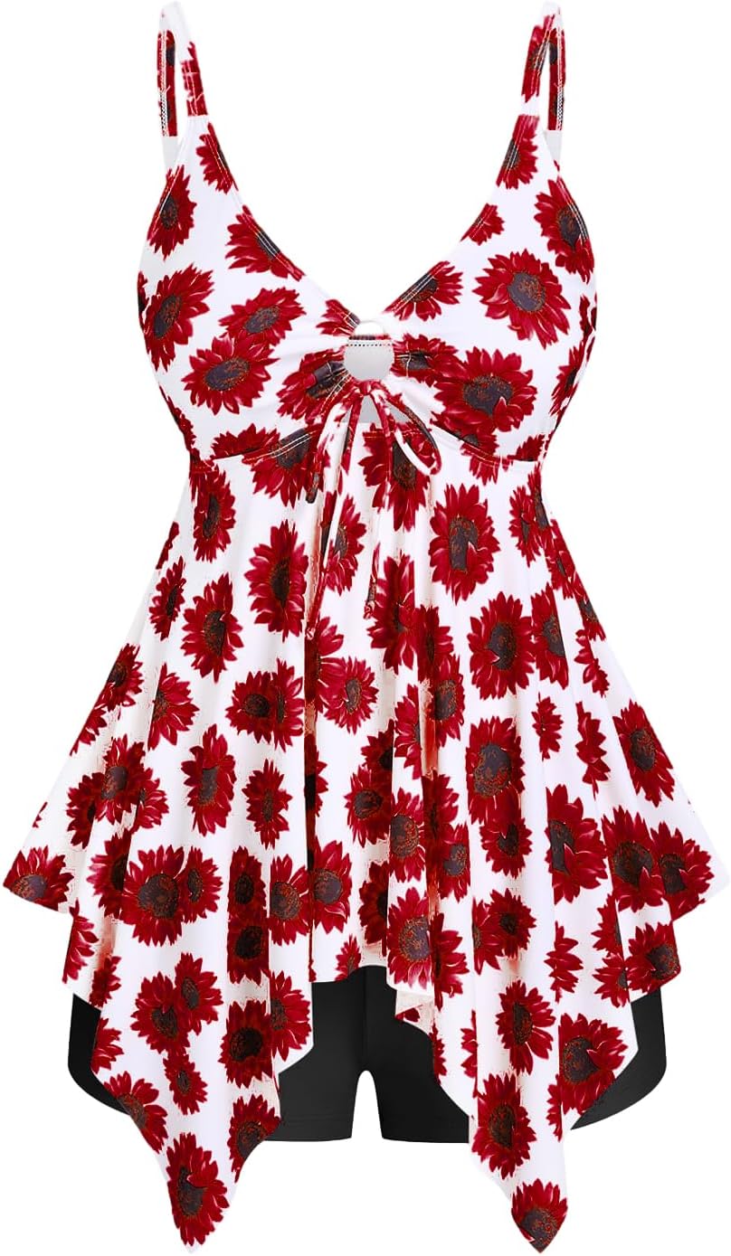 ROSE GAL Rosegal Women Plus Size Modest Tankini Swimsuit Handkerchief Sunflower Cinched Boyleg Swimwer