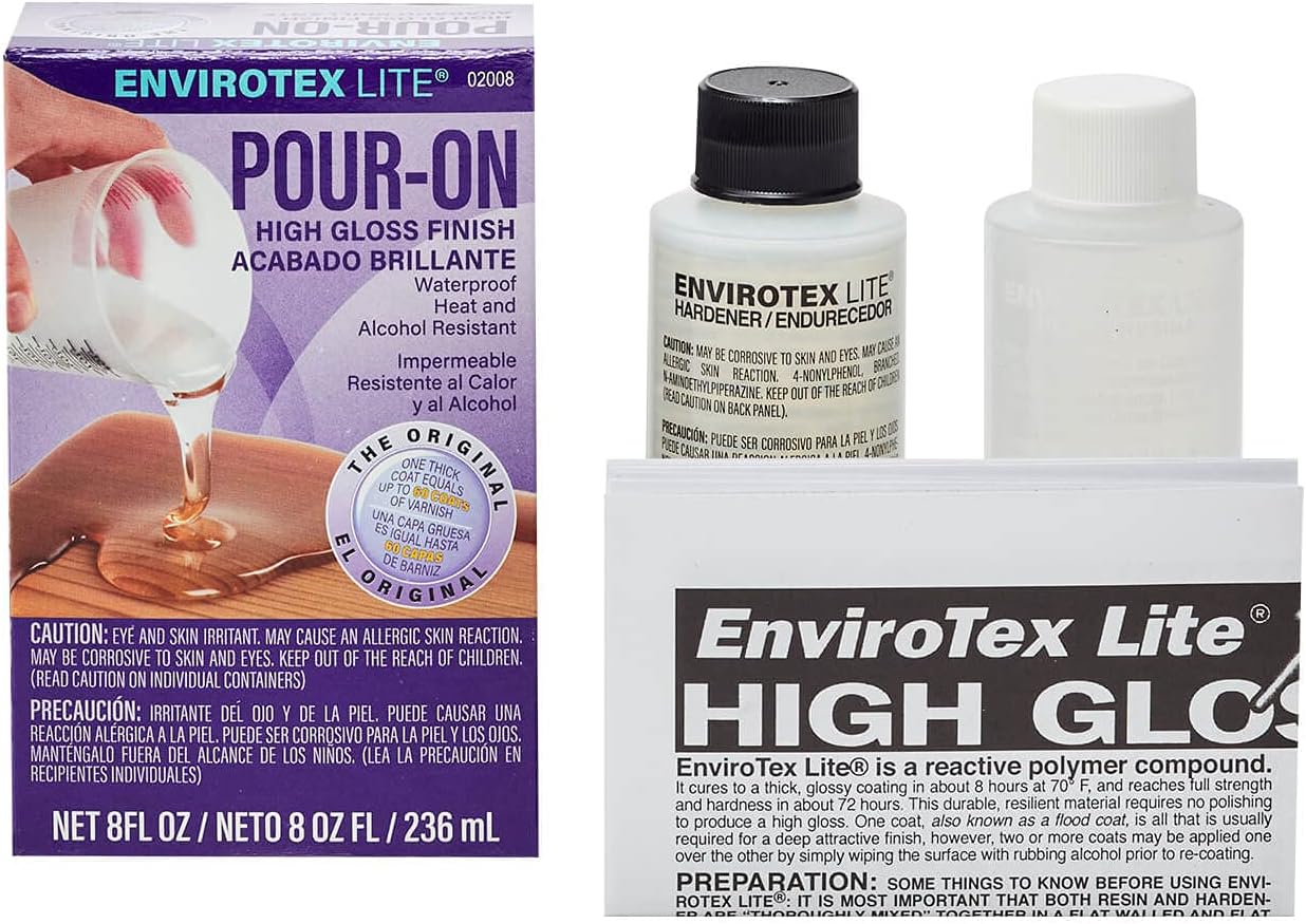 Environmental Technology EnviroTex Lite Pour-On High Gloss Finish [8 oz Kit] Crystal Clear Epoxy Coating for Tabletops / Countertops, Waterproof, Heat & Alcohol Resistant (4 oz Resin + 4 oz Hardener)