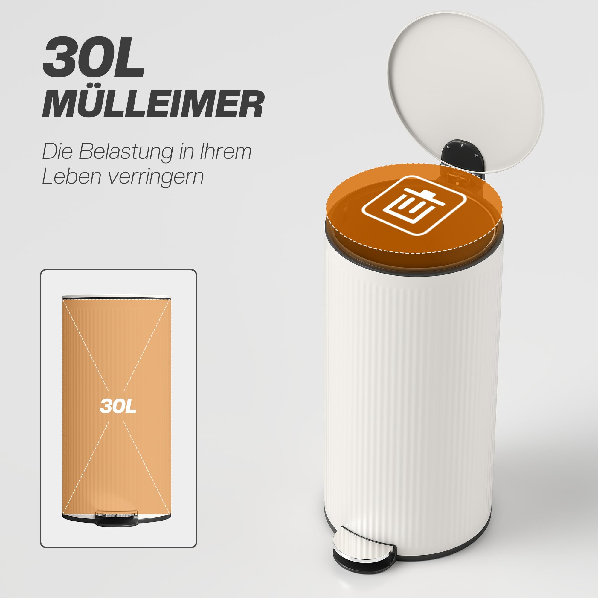 HOMCOM Mülleimer 30 L Treteimer mit Pedal, Cremeweiß, 36 x 30 x 60,5 cm | Softclose-Deckel, Abfallsammler, Abnehmbarer Inneneimer, Abfalleimer, Metall
