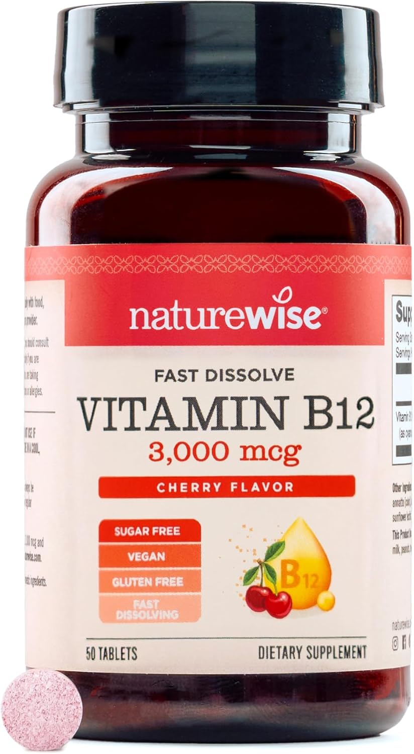 NatureWise Vitamin B12 3000 mcg Sublingual Tablets - Fast Dissolve B12 for Energy & Metabolism Support - Cherry Flavor - Vegan, Non-GMO, Gluten Free, USA Manufactured - [50 Tablets - 50-Day Supply]