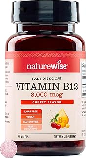 NatureWise Vitamin B12 3000 mcg Sublingual Tablets - Fast Dissolve B12 for Energy & Metabolism Support - Cherry Flavor - Vegan, Non-GMO, Gluten Free, USA Manufactured - [50 Tablets - 50-Day Supply]