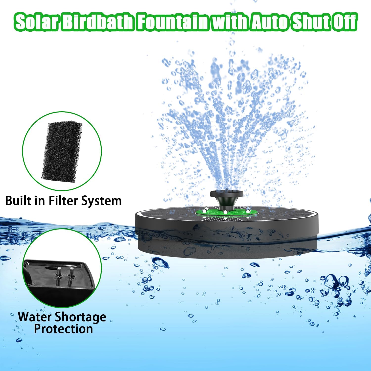 Yzert Solar Fountain White Lights Glass, 3.5W Solar Water Fountain with 2200 mAh Battery, Bird Bath Fountains Solar Power with 4 Fixers & 7 Nozzles for Outdoor,Patio, Garden Decor, Pond,Hummingbird