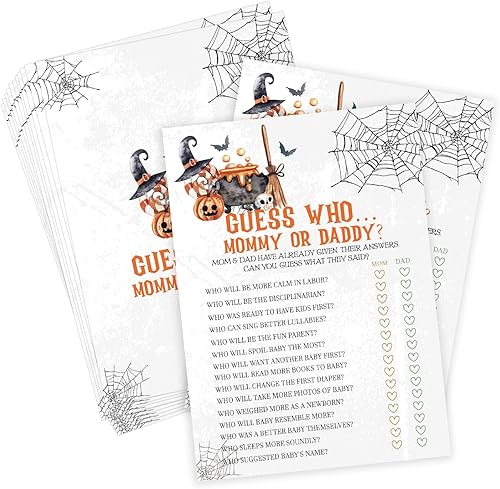 Juego de Halloween de Adivina quién mamá o papá para baby shower, suministros de fiesta de revelación de género de otoño, decoraciones - Juego de 30