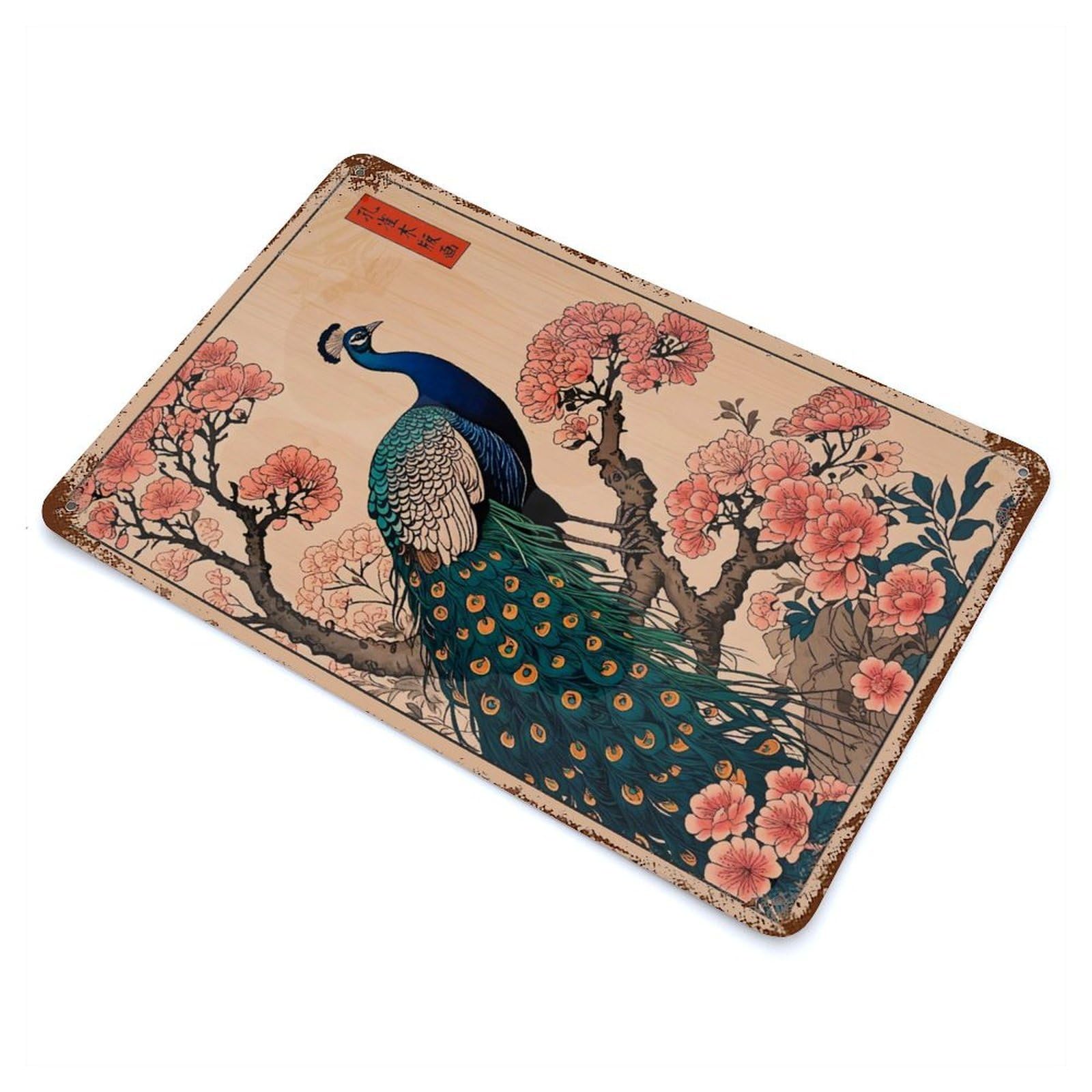 Peacock Bird Cherry Blossom Rust Effect Tin Sign 11.8"x7.9", Ideal for Garage, Bar And Workshop Decor