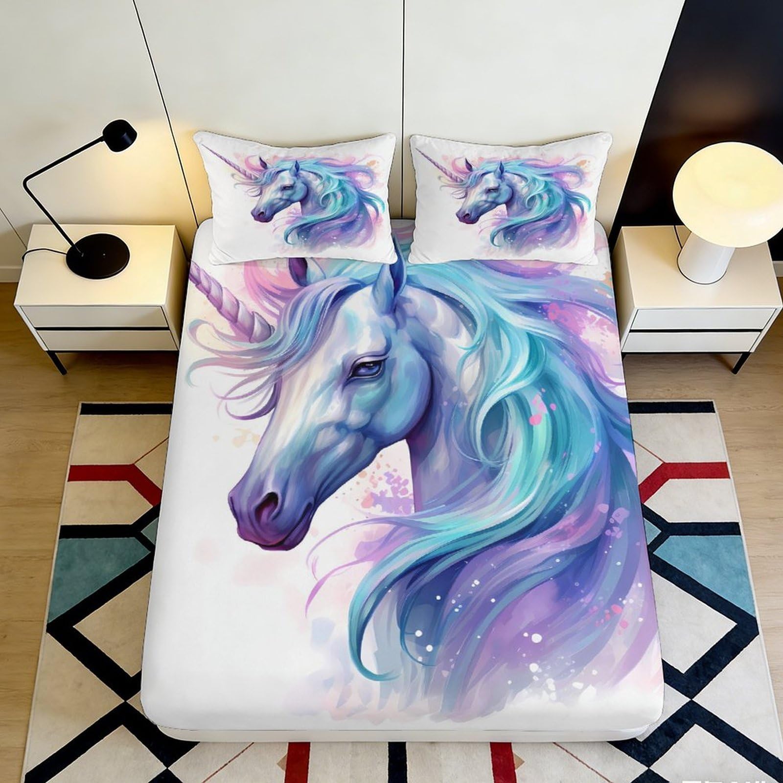 3D Printed Dreamy Unicorn Fitted Sheet Microfiber Soft Pastel Fantasy Bed Cover for Bedroom Guest Room Dorm Mattress Protection Decor 160x200x25cm