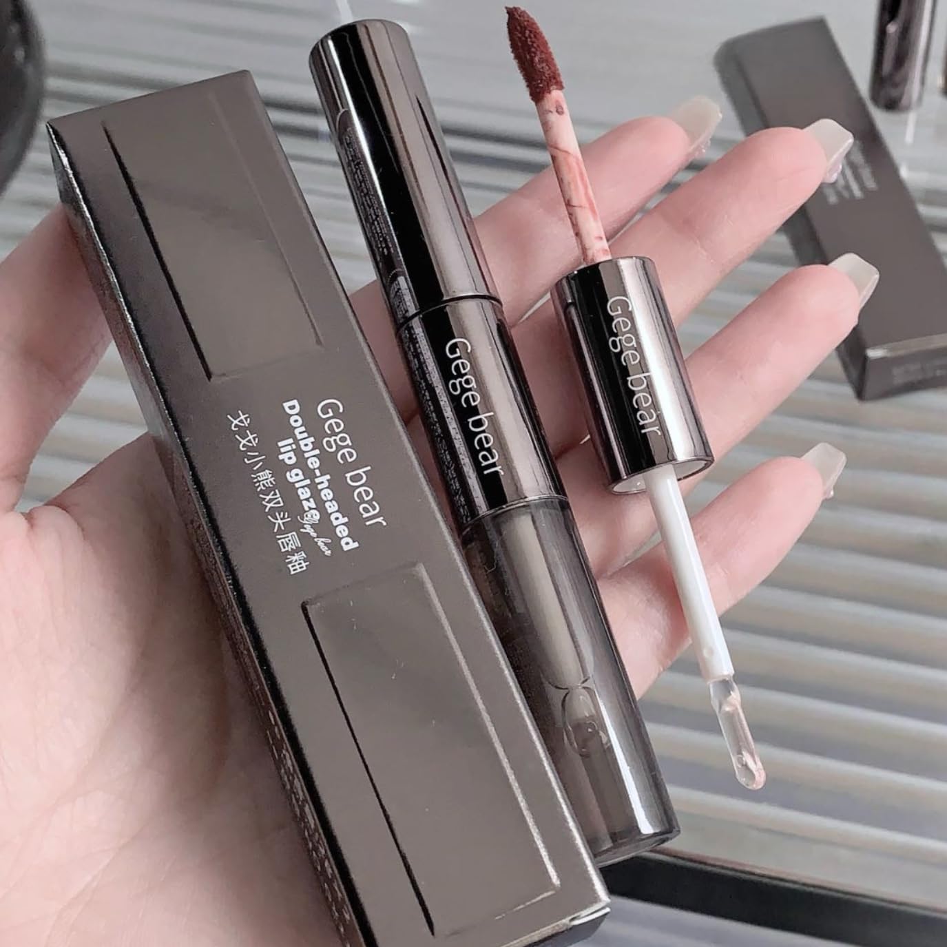 Gege Bear Dual Lip Gloss | Matte & Mirror Glossy Double Headed Liquid Lipstick | Velvet Matte & High Shine | Nude Dream Red Wine Sakura Pink Brown | Moisturizing Lip Care Gloss | Korean Style Makeup Aesthetic | Best Hydrating Lipstick For Women (06#Hundred Tea, 2gX2)-image-11