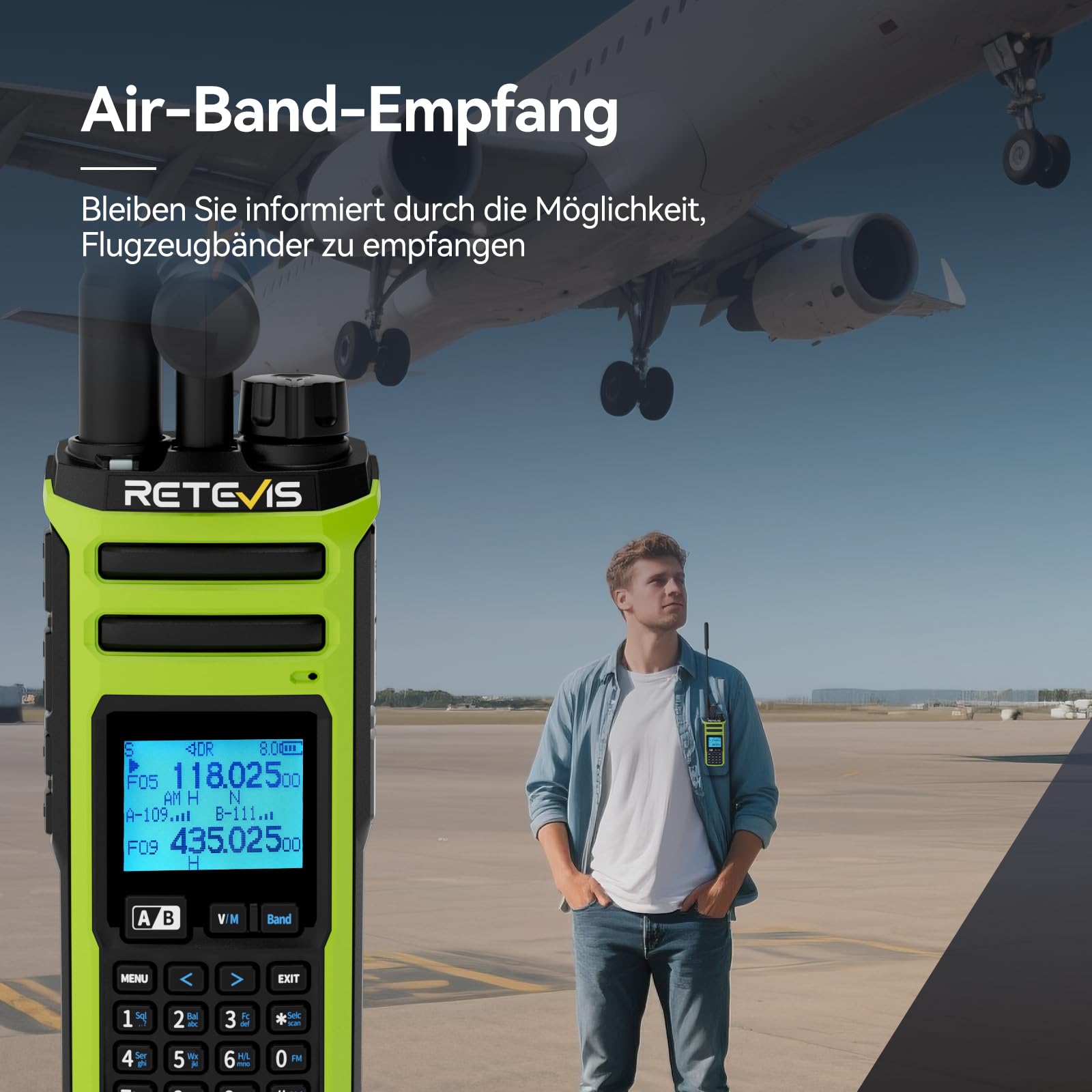 Retevis A3 CB Handfunkgerät Quadband, Funkgeräte mit Große Reichweite, AM/FM/SSB/AIR/CB RX, 999 Kanalnummer, 2500 mAh Akku, VFO Custom, Amateurfunkgerät mit Mikrofon für Reisen und Abenteuer (2 Stück)