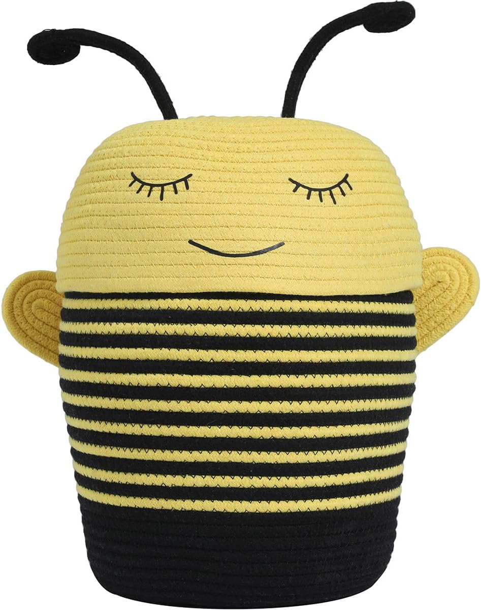 Cottonphant Handcrafted Animal Inspired Basket with Lid | Cotton Storage Solution for Organization in Bedroom | Perfect Organizer for a Shower or Retreat, Yellow Bee, 10"x15"