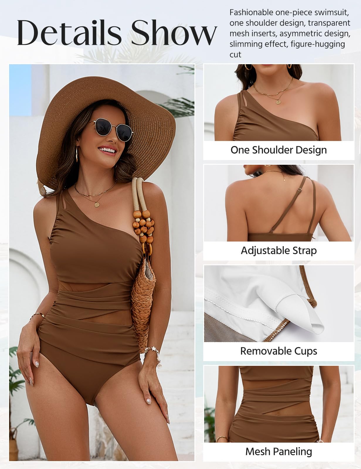 Svanco Costume Intero Donna Monospalla Contenitivo, Costume da Bagno Donna Push Up Imbottito per Piscina e Mare, Costume Intero Donna Curvy Elegante
