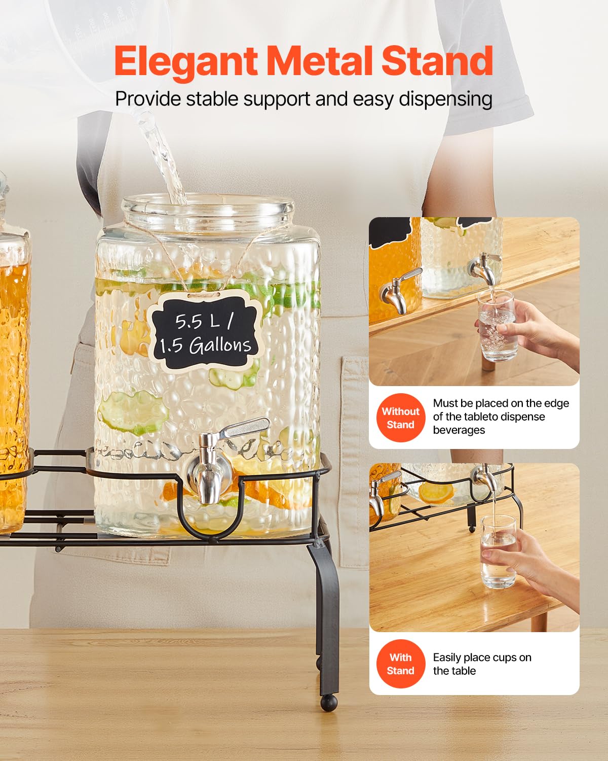 VEVOR Distributore di Bevande, 2 Pezzi da 5,5 L, Contenitore di Succhi in Vetro con Supporto in Metallo, Rubinetto in Acciaio Inox, Infusore, Distributore di Tè Freddo, Limonata, per Feste