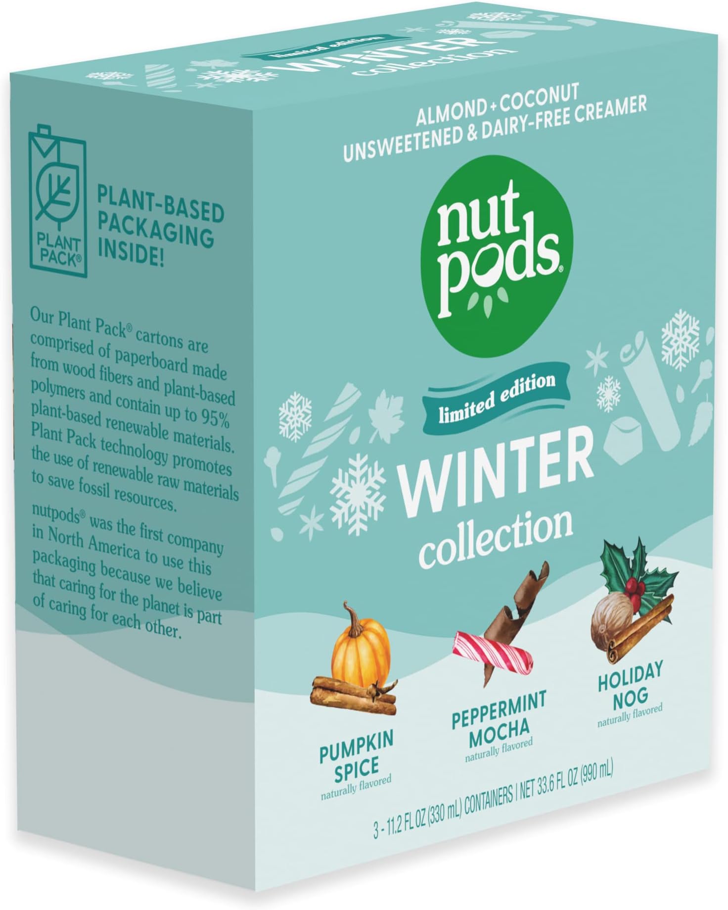nutpods Winter Collection, 3-Pack of Unsweetened Dairy-Free Creamers (Pumpkin Spice, Peppermint Mocha, Holiday Nog) - Whole30, Gluten Free, Vegan