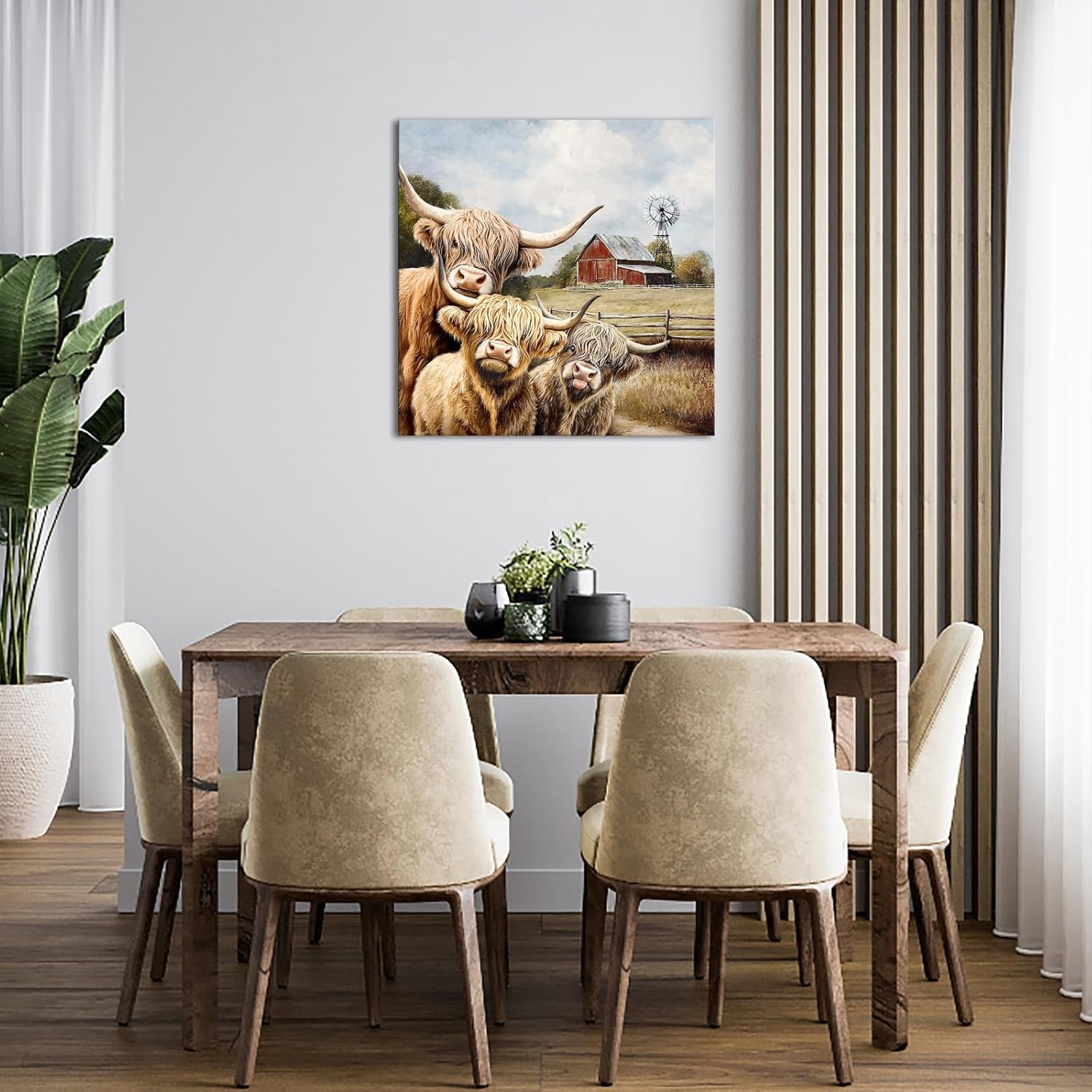 Visual Art Decor Highland Cow Decor Cow Painting Picture Rustic Farmhouse Barn Windmill Wall Art Prints, 24x24inch Framed Ready to Hang