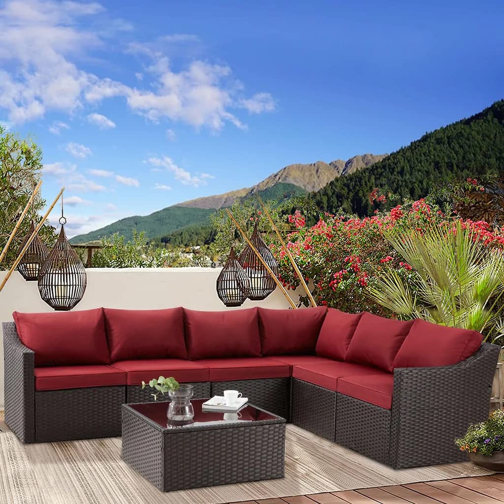 DEVOKO Large Outdoor Patio Modern Rattan Wicker Sectional Furniture Conversation Sets with Cushions and Center Table (Dark Brown and Red)-image-17