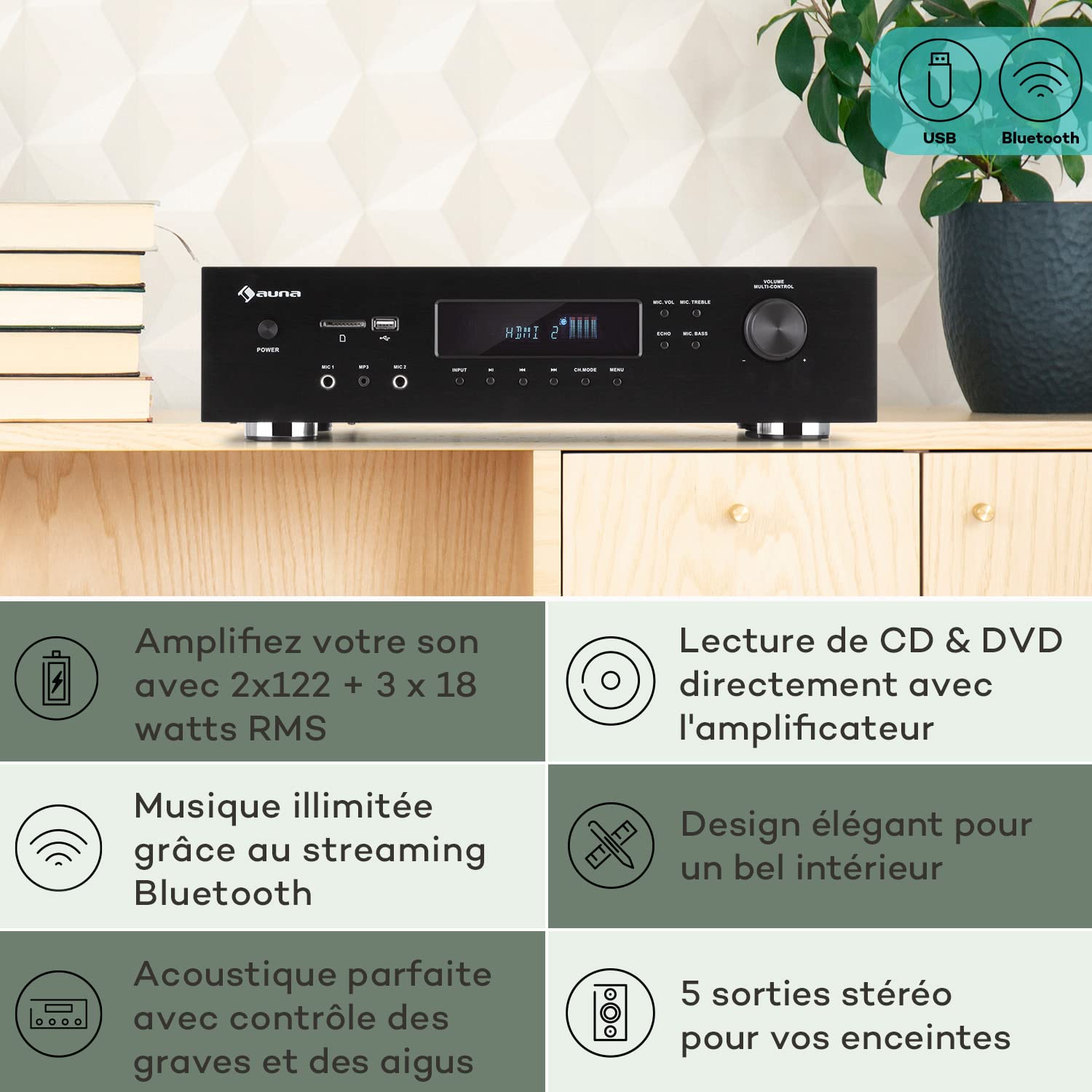 Auna Amplificateur Audio, Système Stéréo Recepteur Bluetooth Hifi, Ampli Hifi Contrôle Basses et Aigus, Univers Hi-fi, Amplificateurs 5 Canaux, Télécommande, AUX