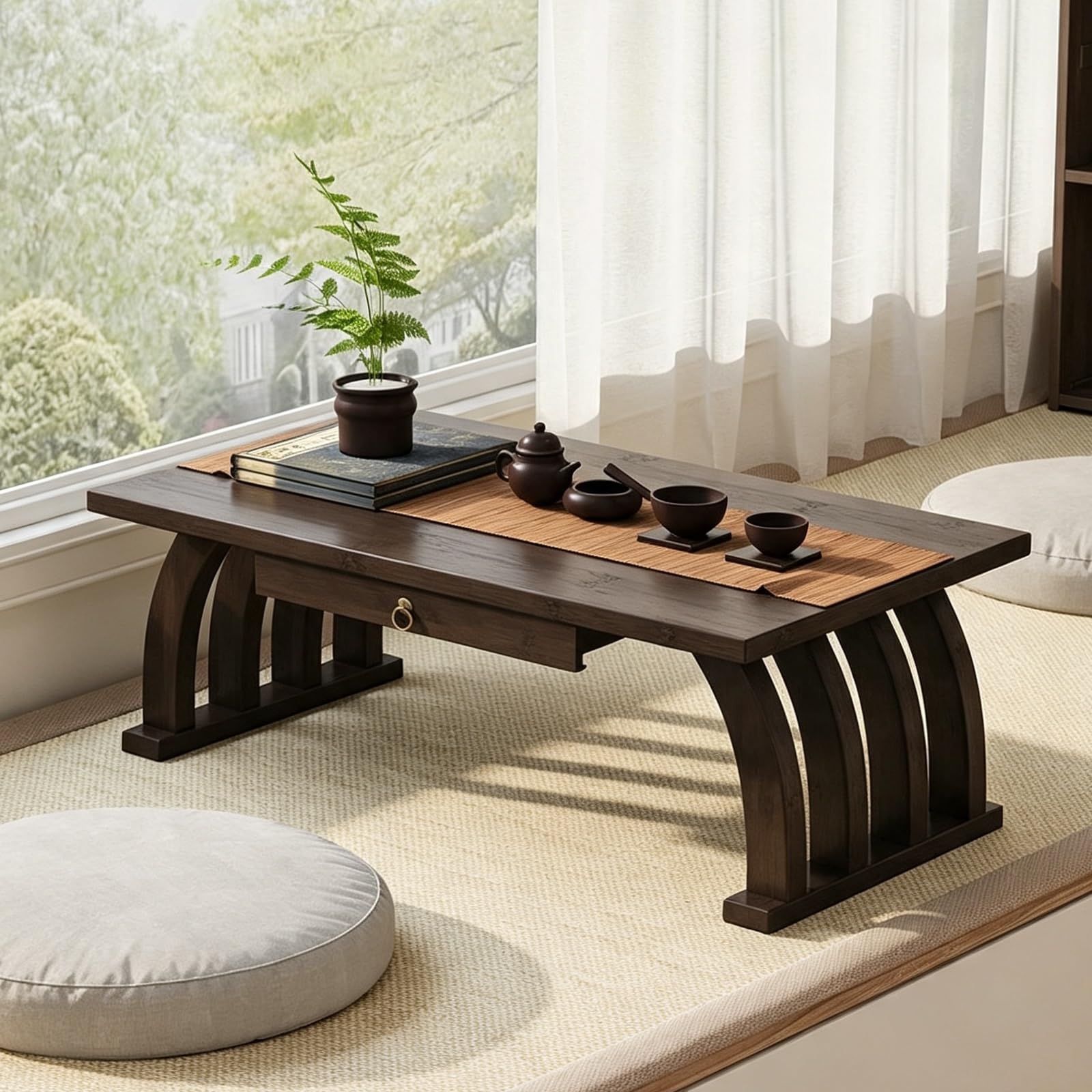 Tavolino da Tè Tatami, Tavolo Basso Giapponese con Cassetto Porta Oggetti