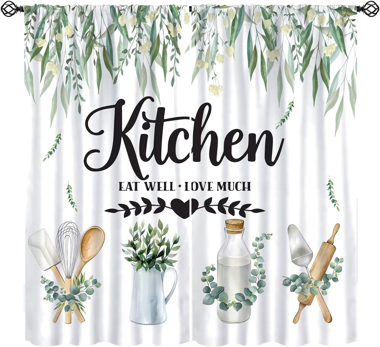 Rustic Eucalyptus Leaves Kitchen Curtains,Tableware Plants Country Wooden Board Farm Nature Blackout Rod Pocket Window Treatment for Cafe Restaurant Living Room Bedroom Home Drapes 52"W X 84"L