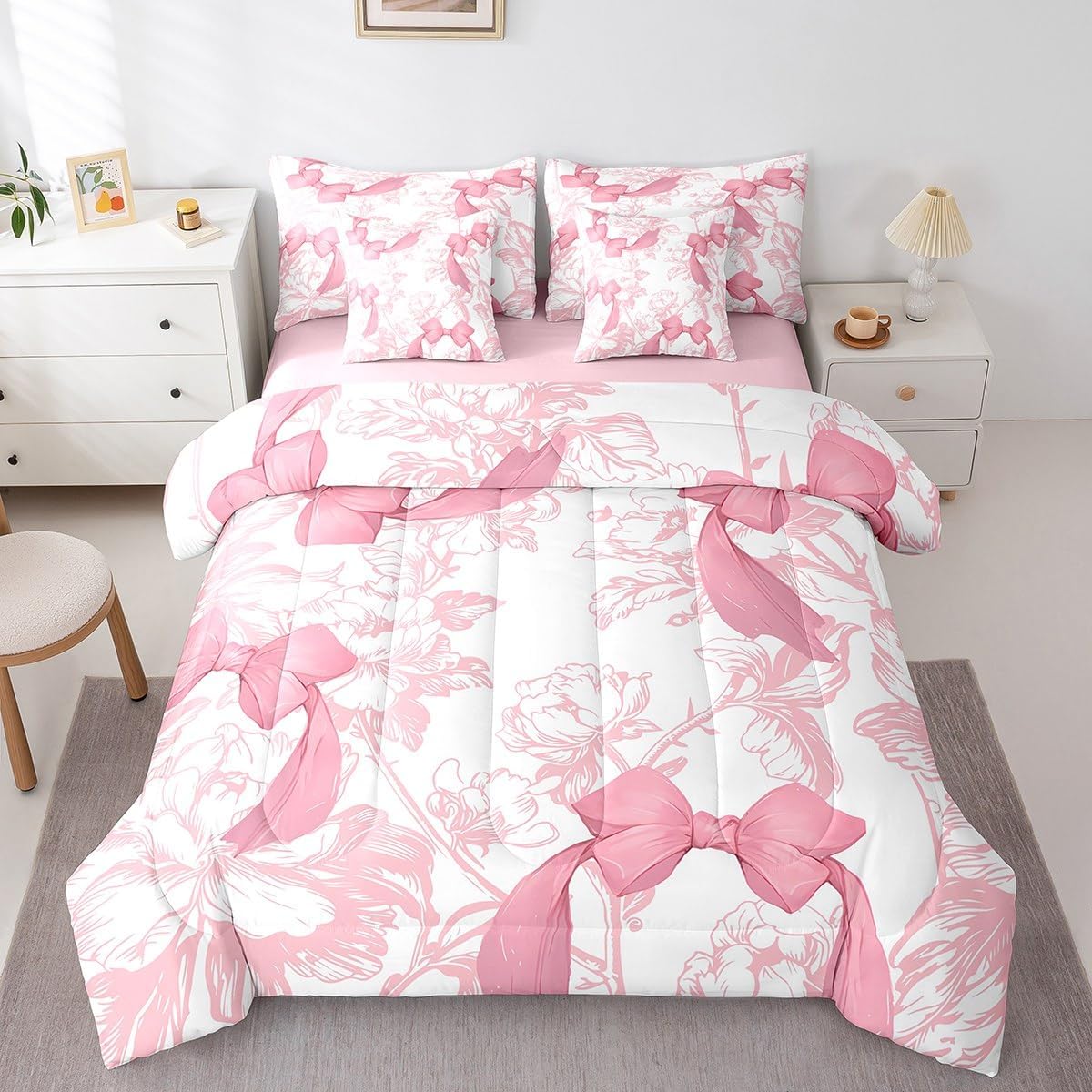 jejeloiu Kids Flower Bowknot Bed in a Bag 7 Pieces Full Size, Graceful Bow Comforter Set with Sheets Boys Girls Pink Knot Bed in a Set Teens Bedroom Decor 7Pcs