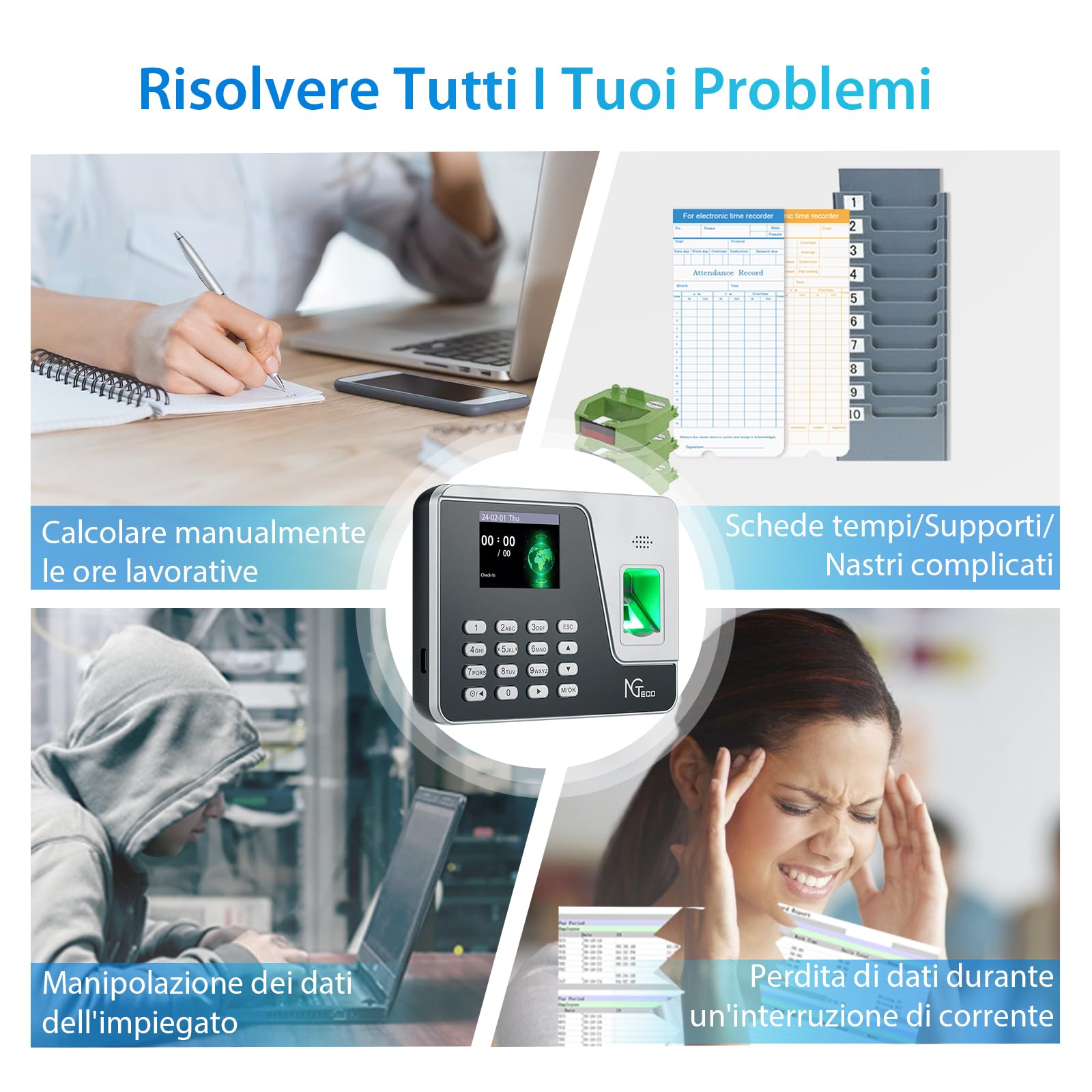 NGTeco Rilevatore Presenze con Modulo di Impronte Digitali, Funzione di Calcolo Automatico, Nessuna Tassa Mensile AS10（Italiano）