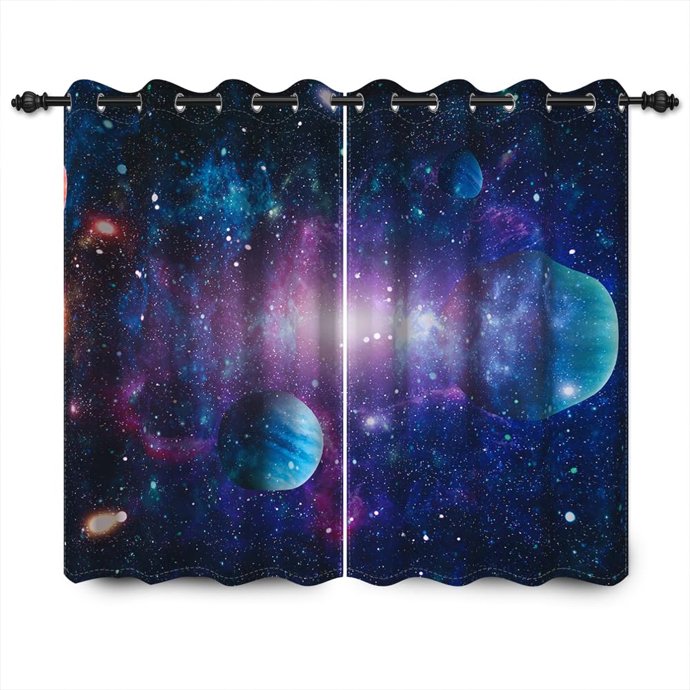 YongFoto 117x138cm Espacio Cortinas para Dormitorio de niño Enorme Planeta Punto Brillante Fantasía Galaxia Espacio Cortinas Opacas para Sala de Juego Sala de Teatro Privado 2 Paneles Cortinas